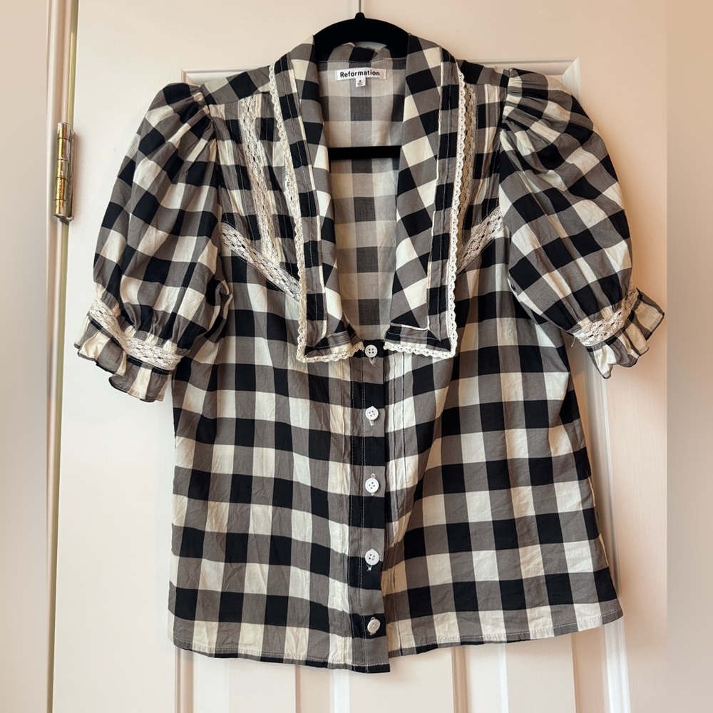 Reformation Gingham Black and White Checkered Blouse